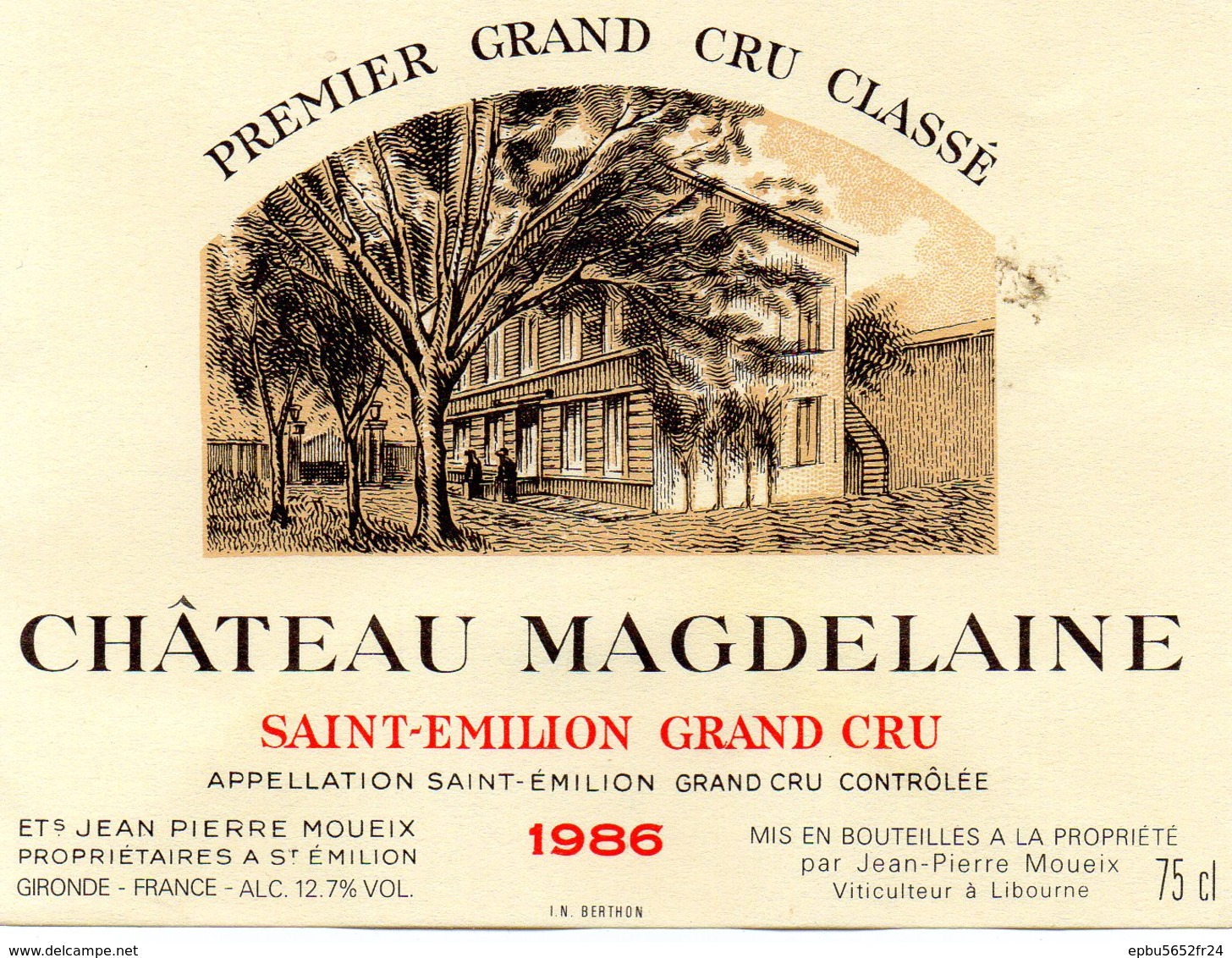 Etiquette  (11,9 X9)Château MAGDELAINE  1986  Saint Emilion Grand Cru 1er Grand Cru Classé JP Moueix à St Emilion 33 - Bordeaux