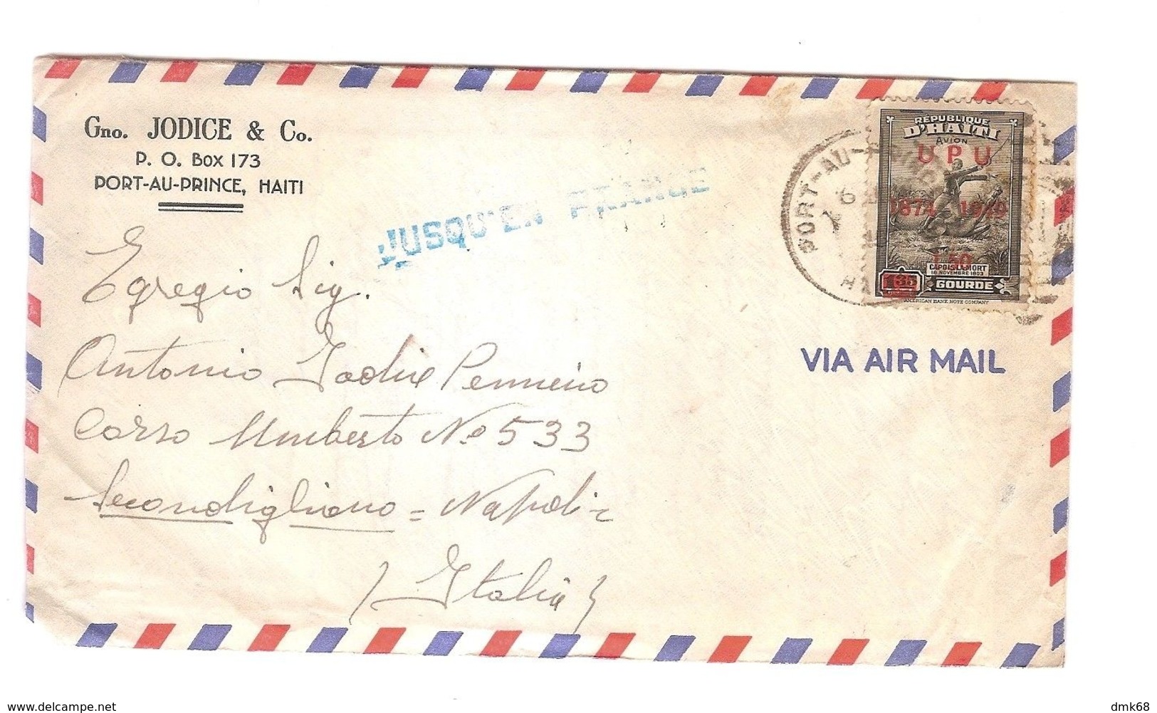 HAITI AIR MAIL COVER - POSTMARK '' JUSQU'EN FRANCE '' OVERPRINT STAMP UPU 1949 - Haiti