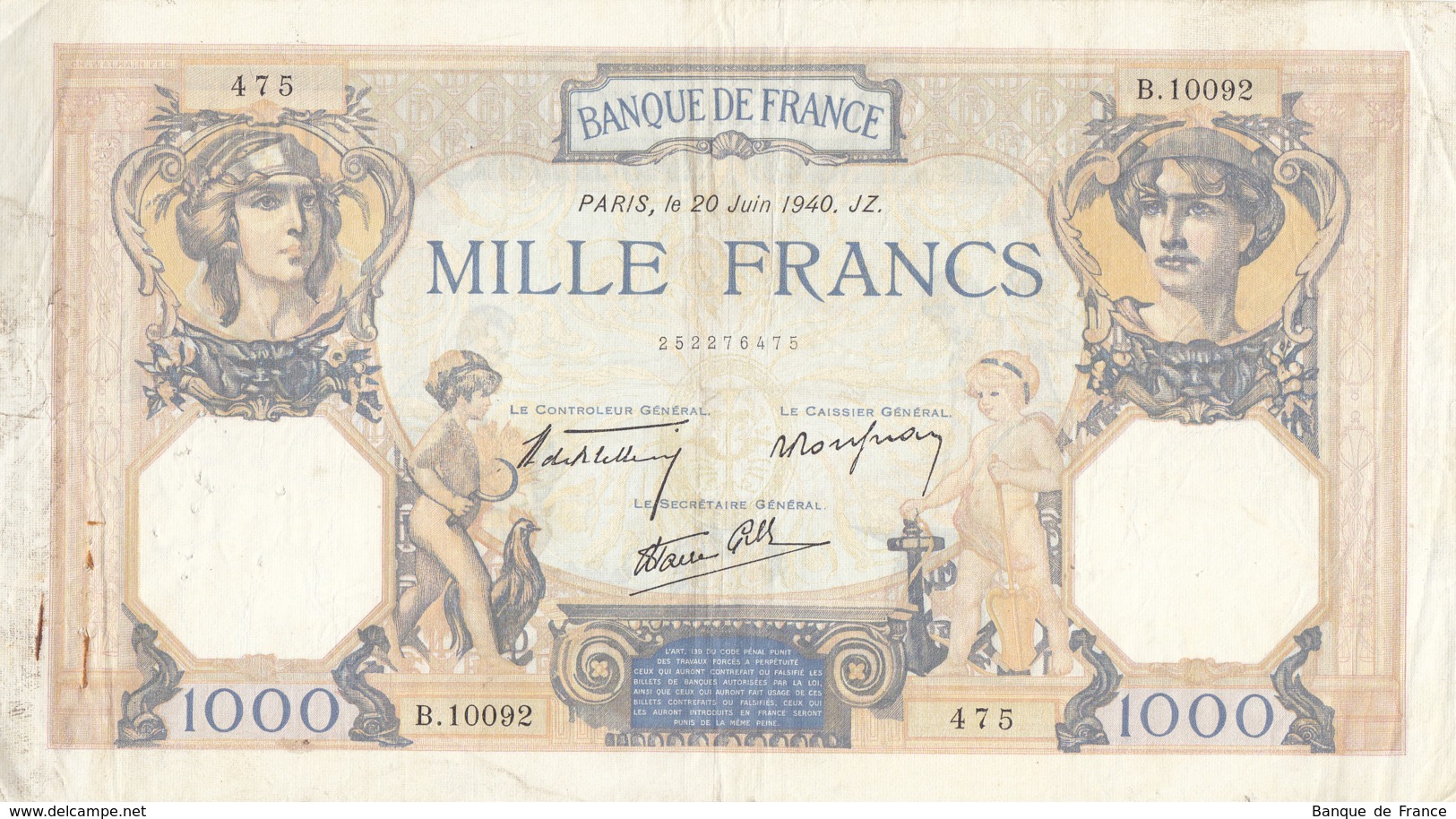 Billet 1000 F Cérès Et Mercure Du 20-6-1940 FAY 38.49 Alph. B.10092 - 1 000 F 1927-1940 ''Cérès Et Mercure''