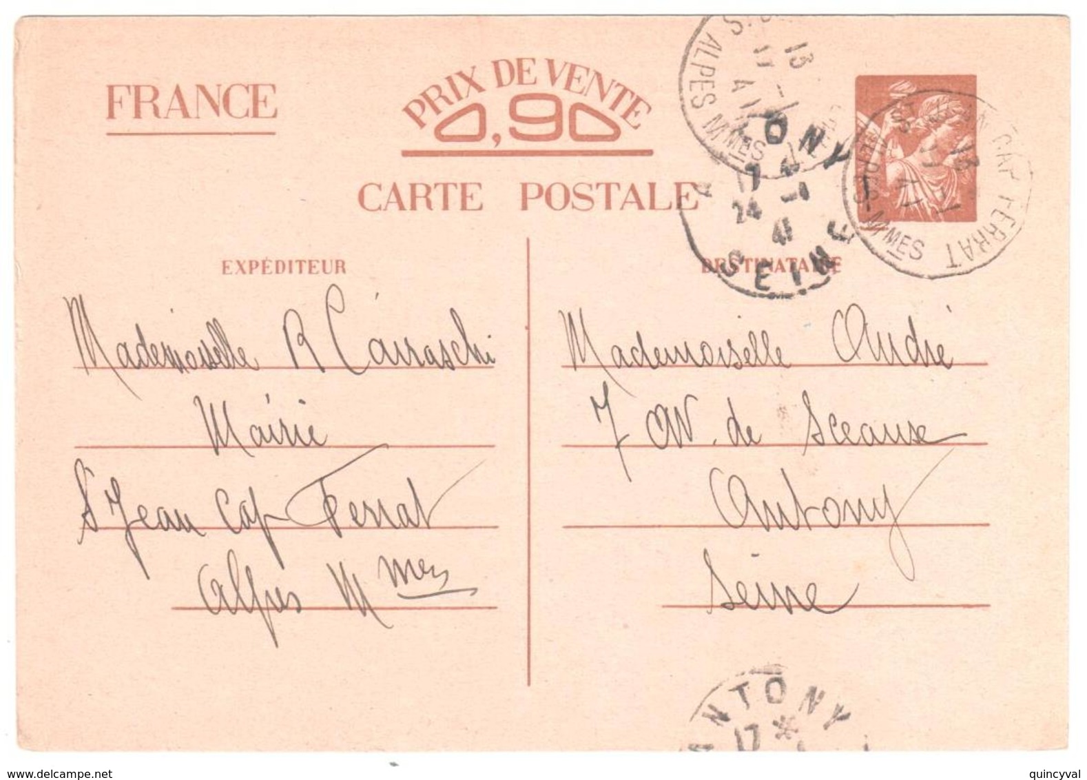 St JEAN CAP FERRAT Alpes Maritimes Ob 1941 Carte Postale Entier Iris SANS VALEUR-CP1 Nuance Beige Storch H1 A1 - Standaardpostkaarten En TSC (Voor 1995)