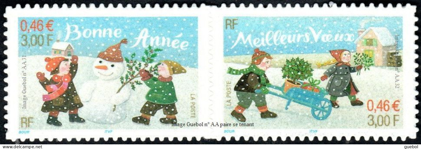 France Autoadhésif ** N°   31 Et 32 Ou 3439 Et 3440 En Paire - Voeux Pour 2002 - Enfants, Neige, Chalet, Brou - Neufs