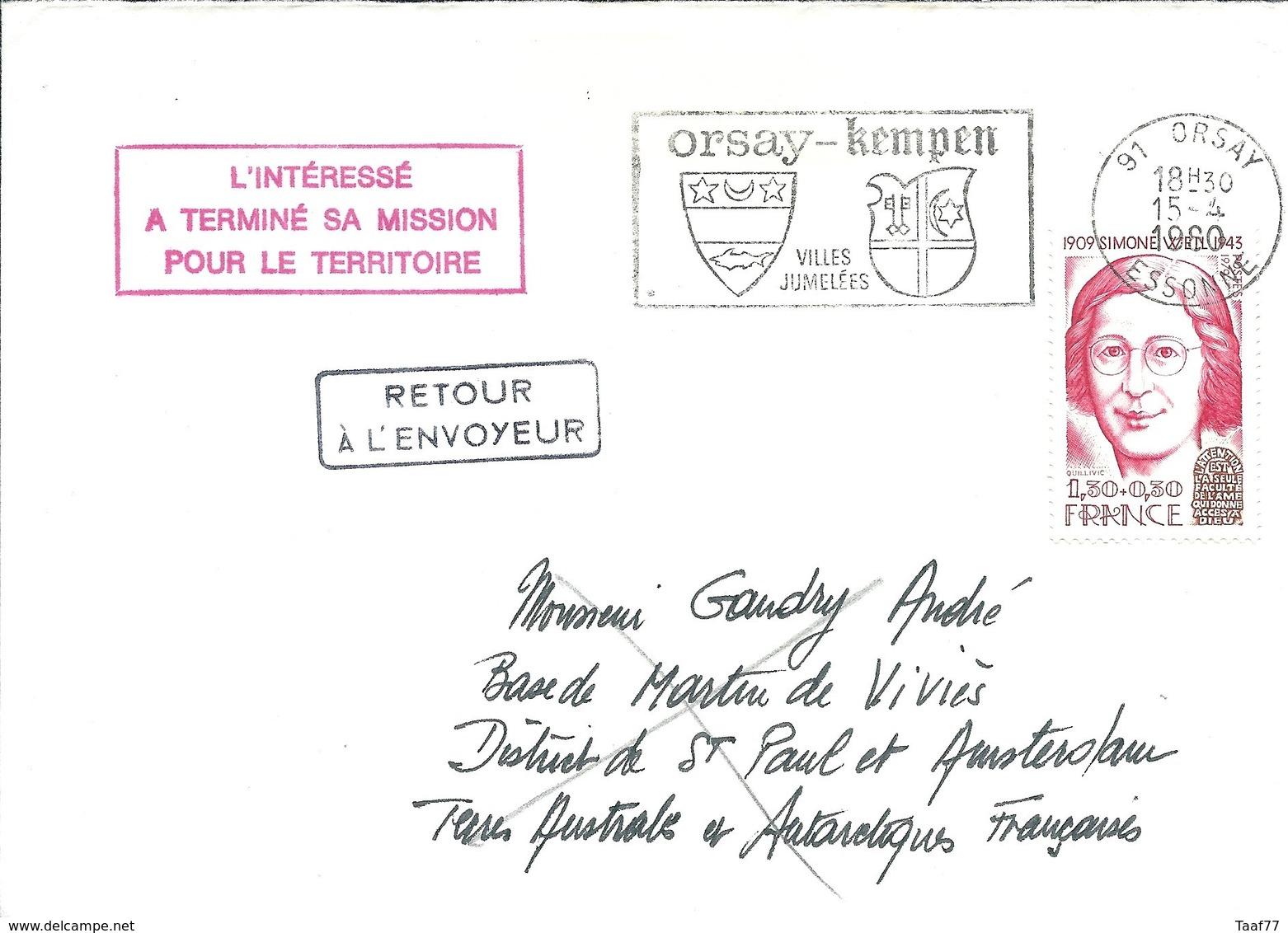 TAAF - Lettre Retour à L'envoyeur Avec Griffe "L'intéressé A Terminé Sa Mission Pour Le Territoire" - 15/04/1980 - Lettres & Documents