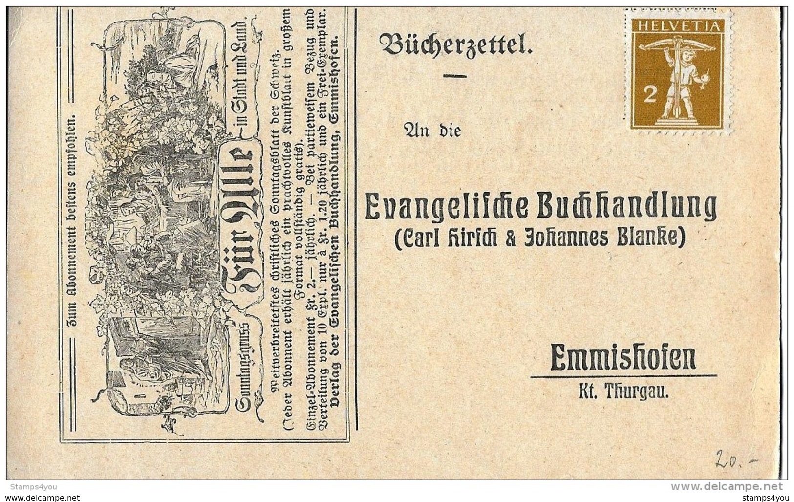 25 - 27 - Carte Pré-affranchie 2cts "Evangelische Buchhandlung Emmishofen / Thurgau" - Lettres & Documents