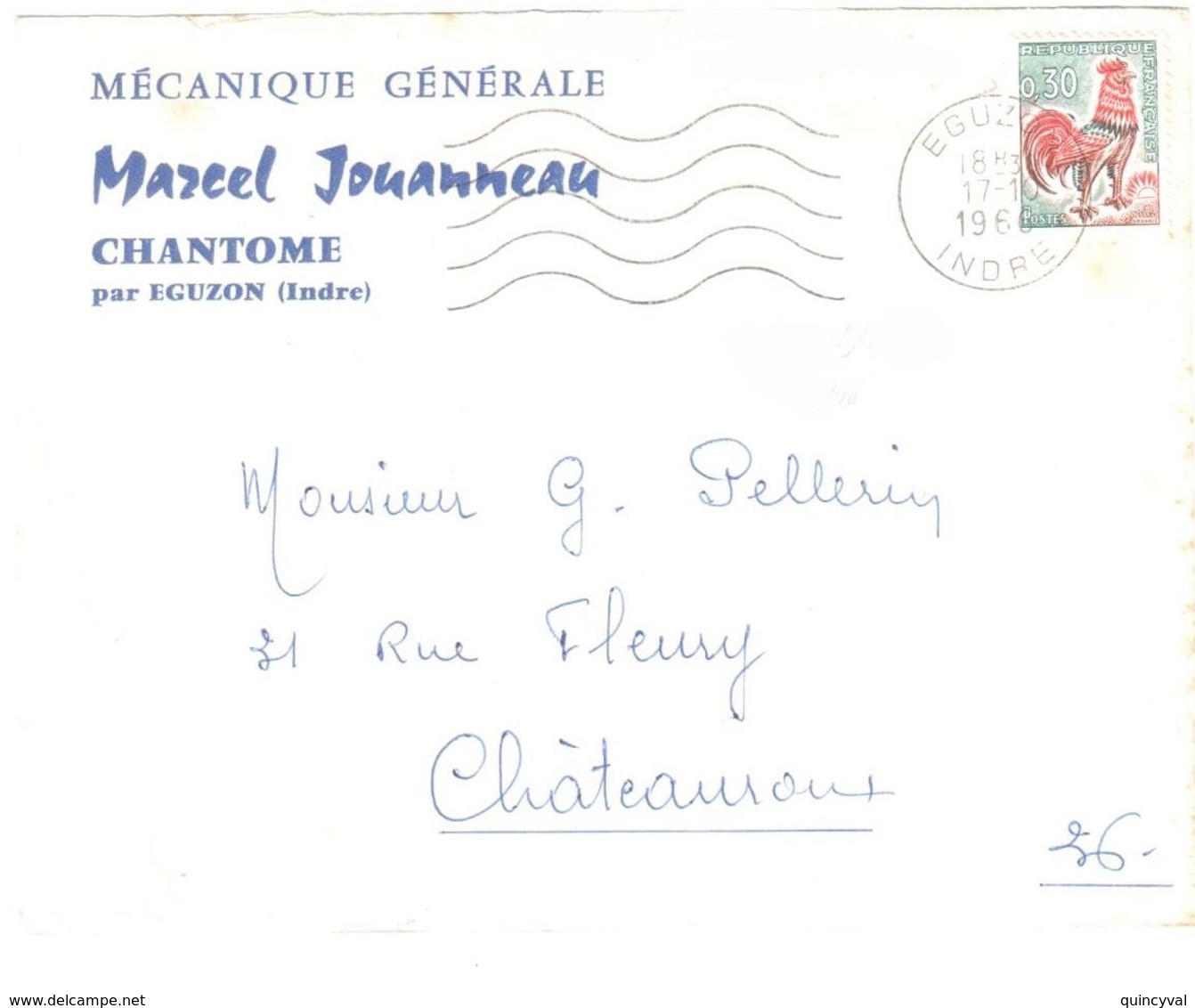 EGUZON Indre Lettre Entête Mécanique JOUANNEAU Chantome 30c Coq Decaris Yv 1331A Variété 1° Plume Bleu Blanc Rouge - Storia Postale