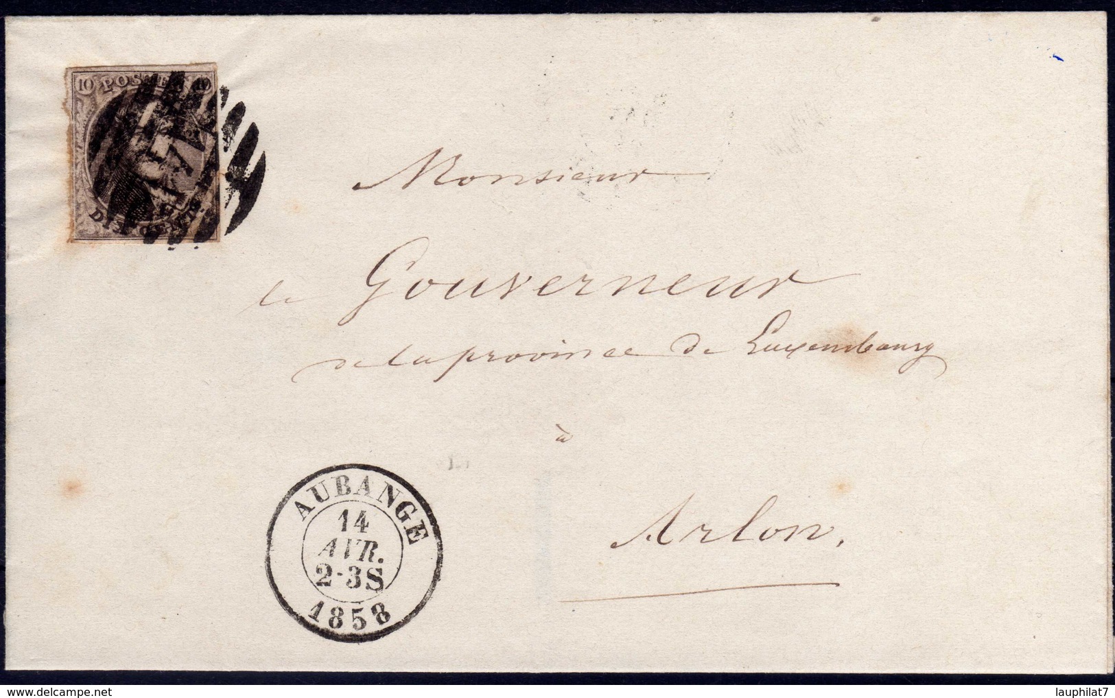 [90596]N° 6A Margé (papier épais Effiloché à Gauche) Sur Lettre TB Obl 'P141' 8b Et DC 'Aubange' Le 14 Avril 1858 Vers A - 1851-1857 Médaillons (6/8)