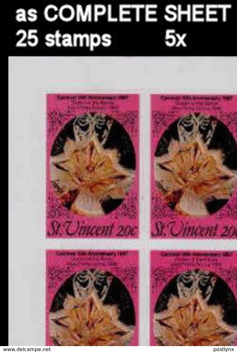 BULK: 5 X ST.VINCENT 1987 Carnival Dance Rumba Mask 20c IMPERF.COMPLETE SHEET:25 Stamps - St.Vincent (1979-...)