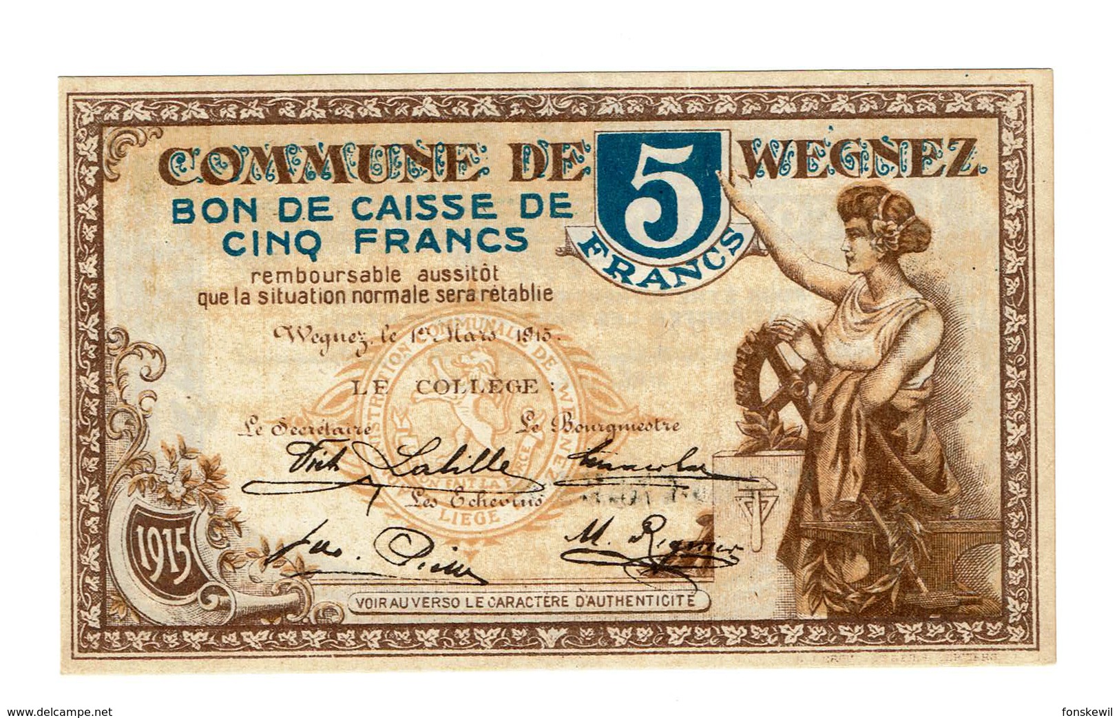 Wegnez 5 Francs - Autres & Non Classés