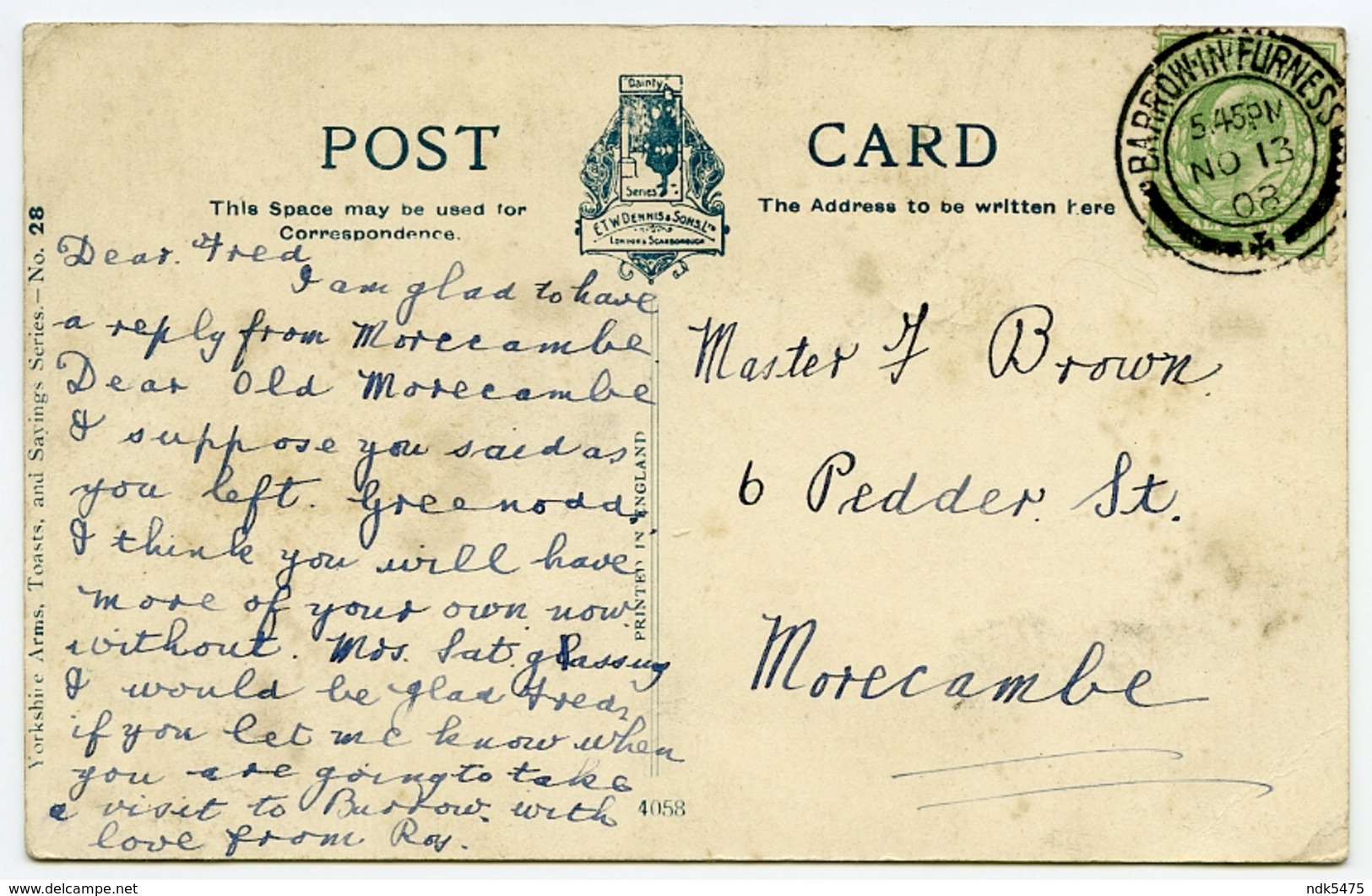 ARTIST : JACK BROADRICK - YORKSHIRE SON'S ADVICE / POSTMARK - BARROW-IN-FURNESS / ADDRESS - MORECAMBE, PEDDER ST. - Other & Unclassified