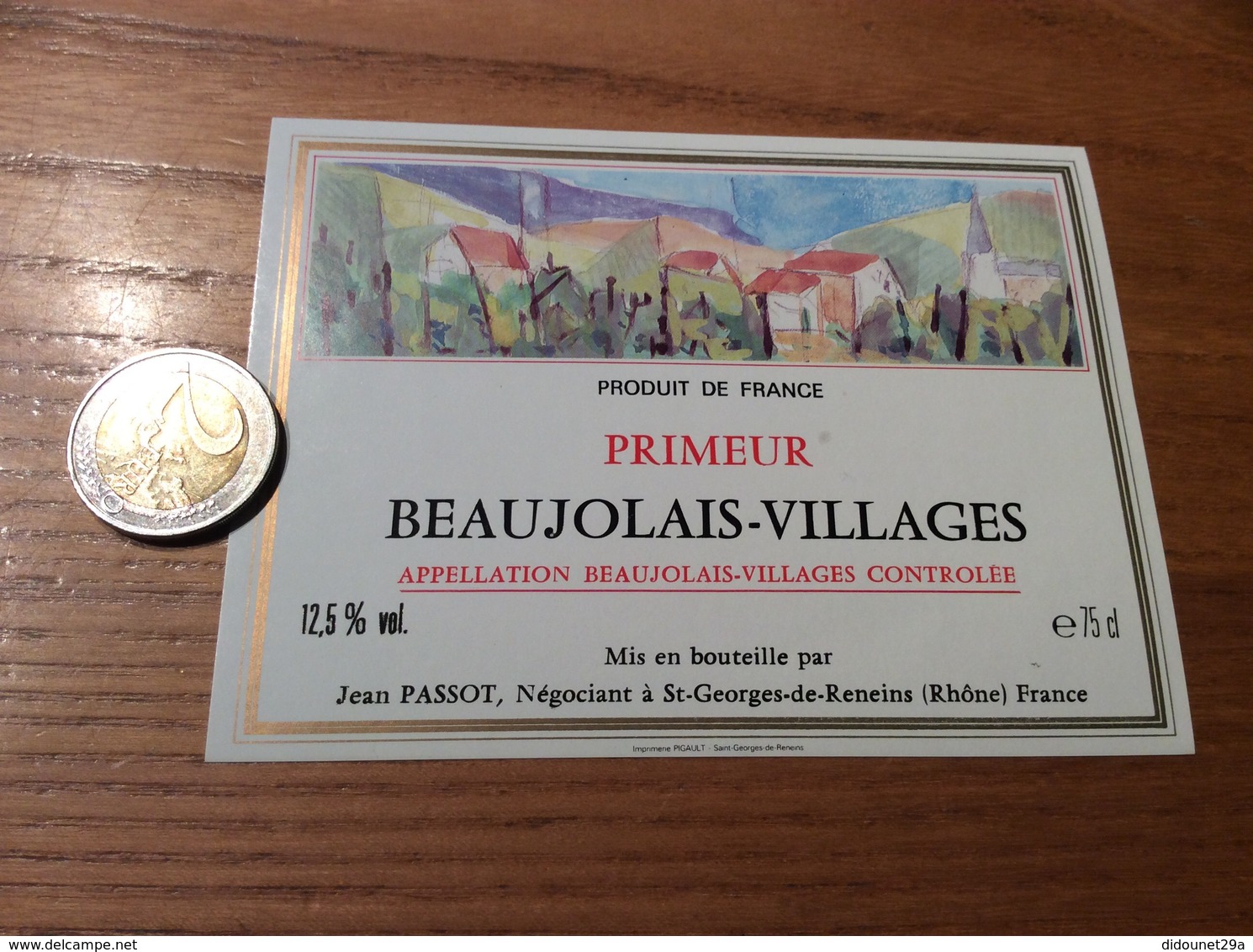 Etiquette Vin Type 2 «BEAUJOLAIS VILLAGES PRIMEUR - Jean Passot - St-GEORGES-DE-RENEINS (69)» - Beaujolais