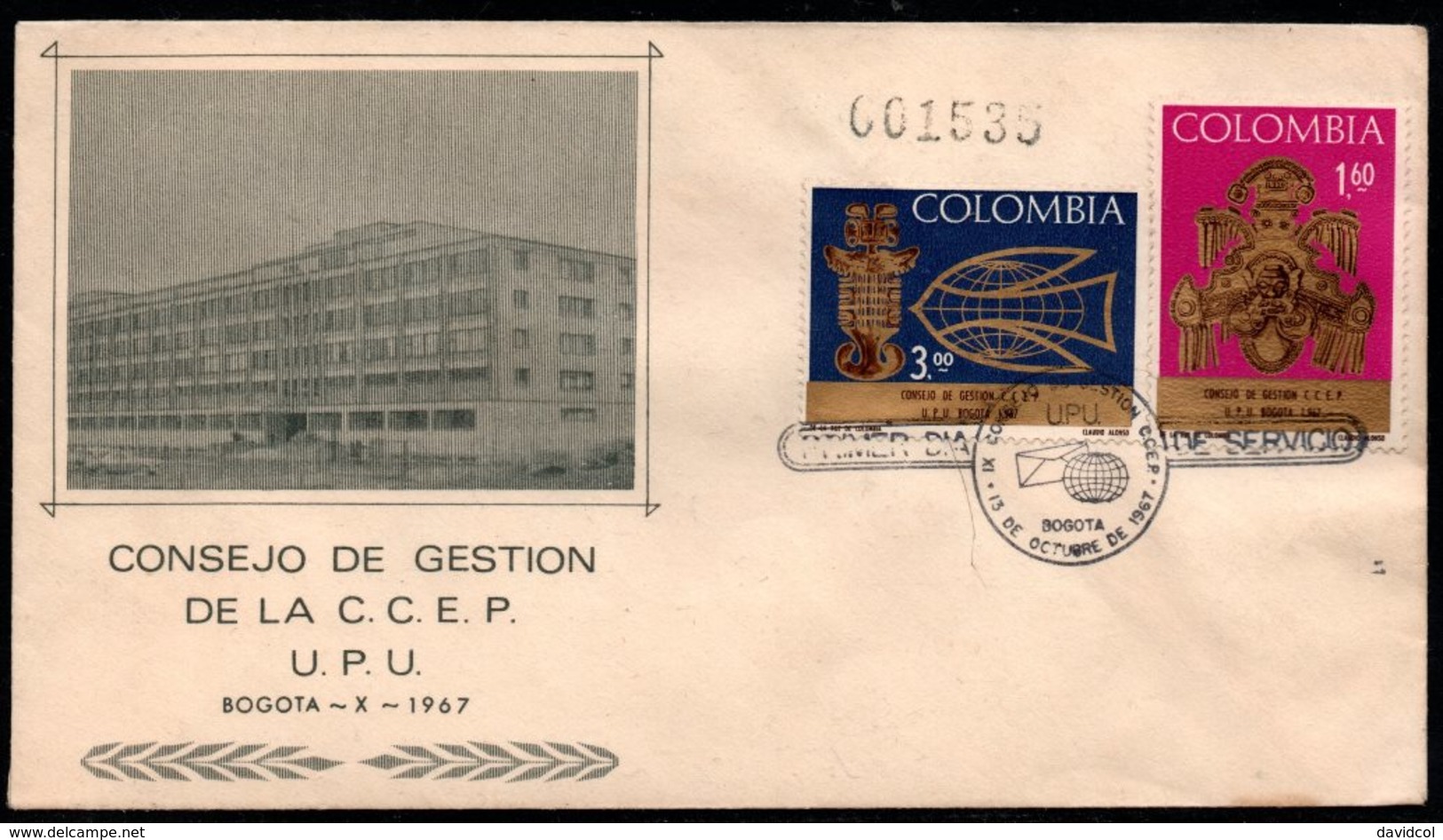 COLOMBIA- KOLUMBIEN - 1967.FDC/SPD. ARCHAELOGY, GOLD ARTIFACTS. SINGLE COVER - Colombia