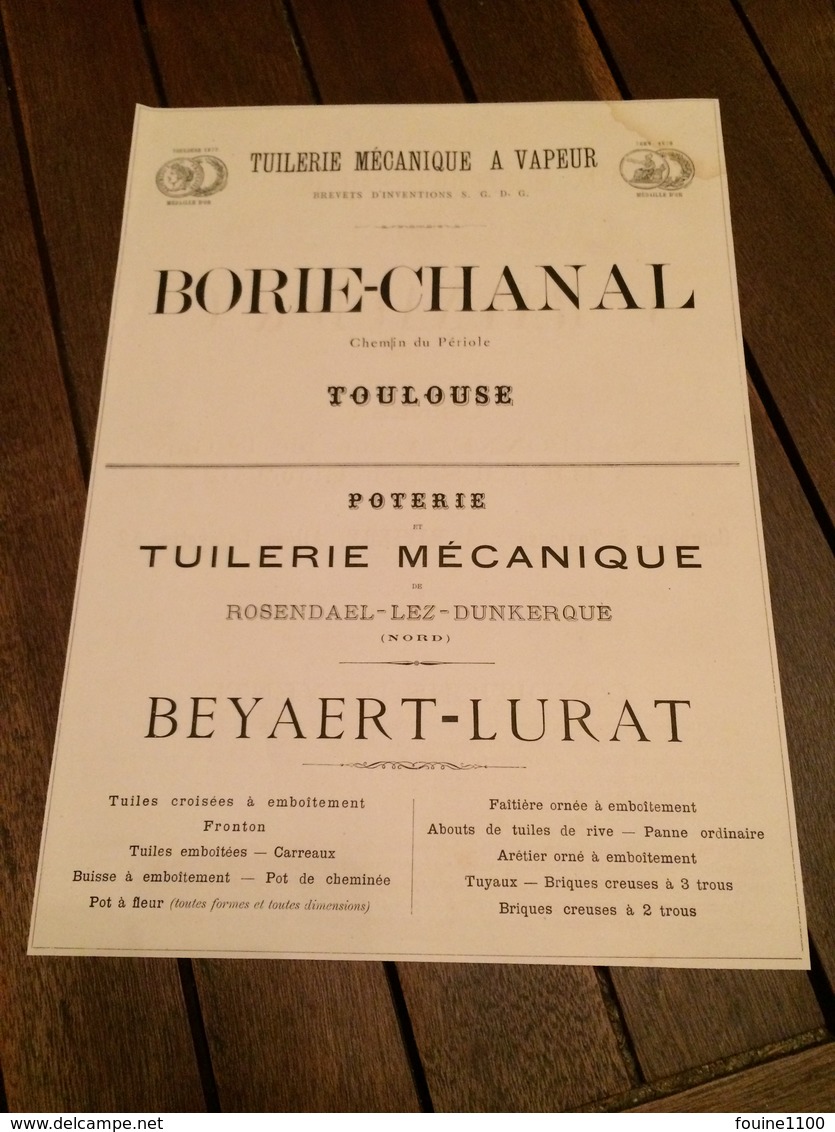 Tuilerie BORIE CHANAL à TOULOUSE Poterie BEYAERT LURAT à ROSENDAEL LES DUNKERQUE Carreaux Mosaiques RAYNAUD à NARBONNE - 1800 – 1899