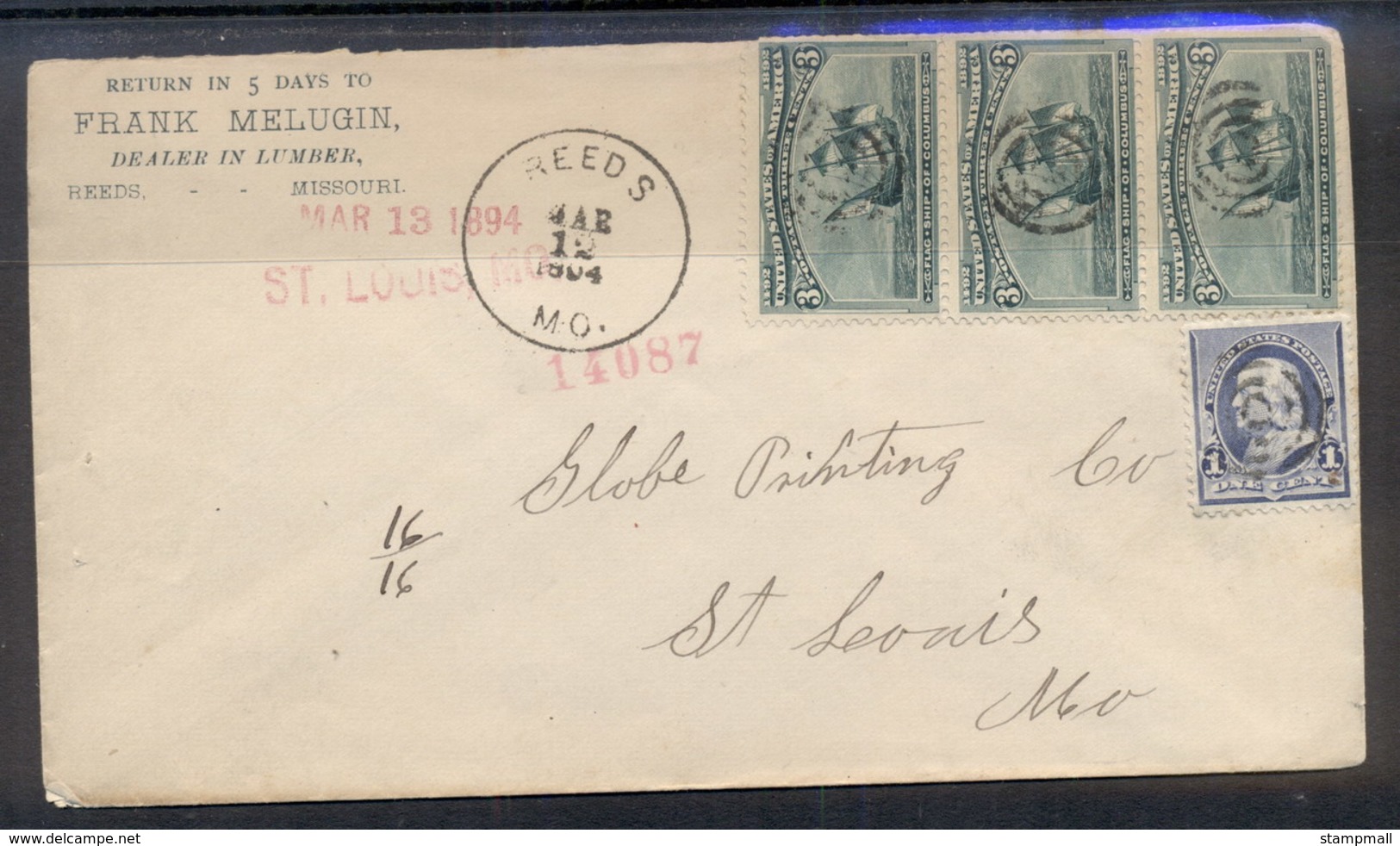 USA 1894 3x3c Columbian Str Cover To St Louis - Autres & Non Classés