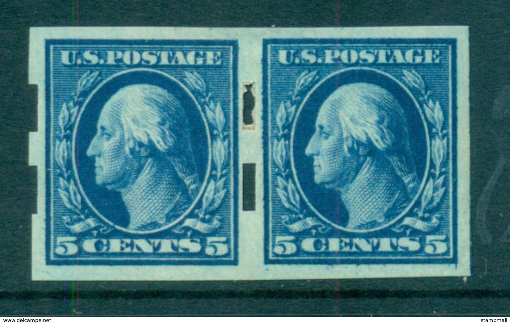 USA 1908-09 Sc#347 5c Blue Washington IMPERF Wmk D/L Pair Schermack TyIII 2mm Spacing MLH Lot69304 - Other & Unclassified