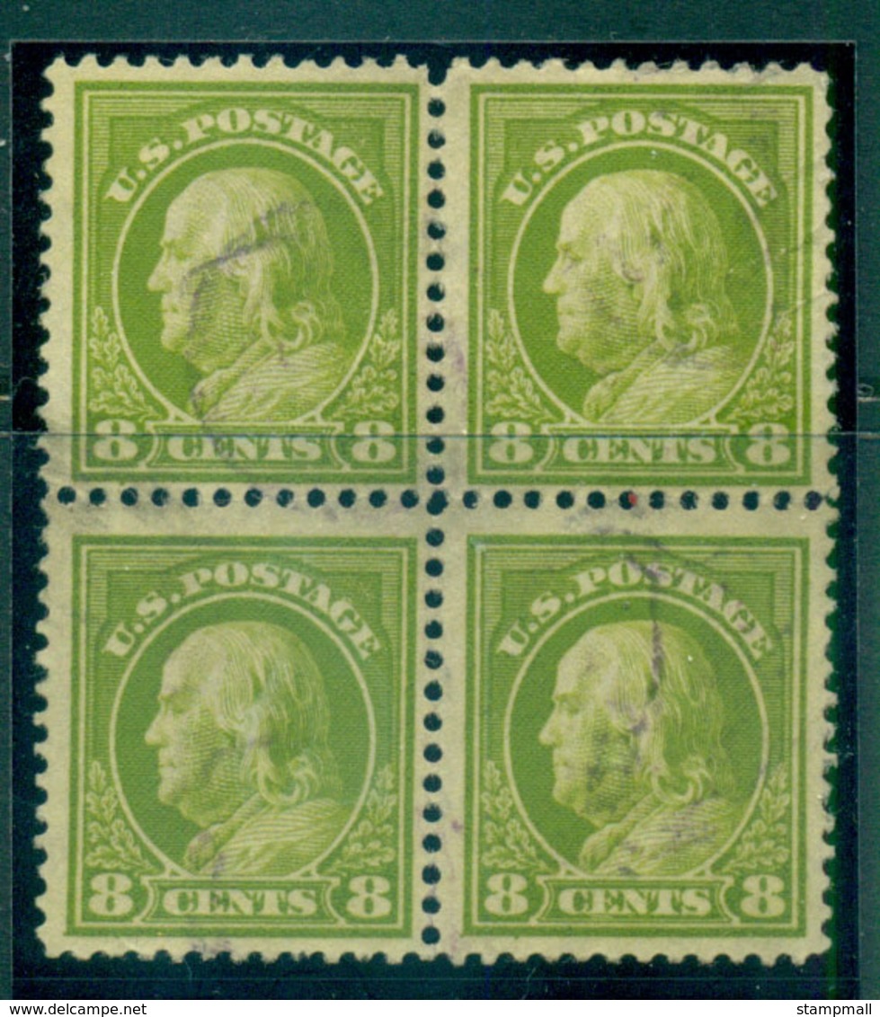 USA 1912-14 Sc#414 8c Pale Olive Green Franklin Perf 12 Wmk S/L Blk 4 FU Lot68966 - Otros & Sin Clasificación