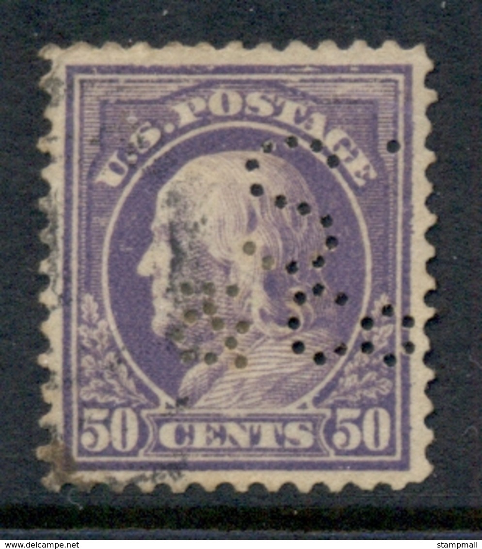 USA 1912-14 Sc#421 50c Violet Franklin Perf 12 Wmk S/L Perfin FU - Andere & Zonder Classificatie