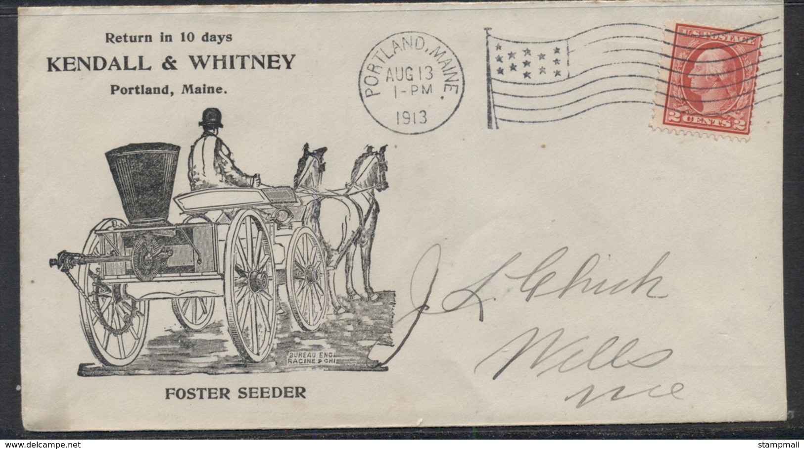 USA 1913 2c Washington Advertising Cover, Horse & Cart , Farming Seeder - Autres & Non Classés
