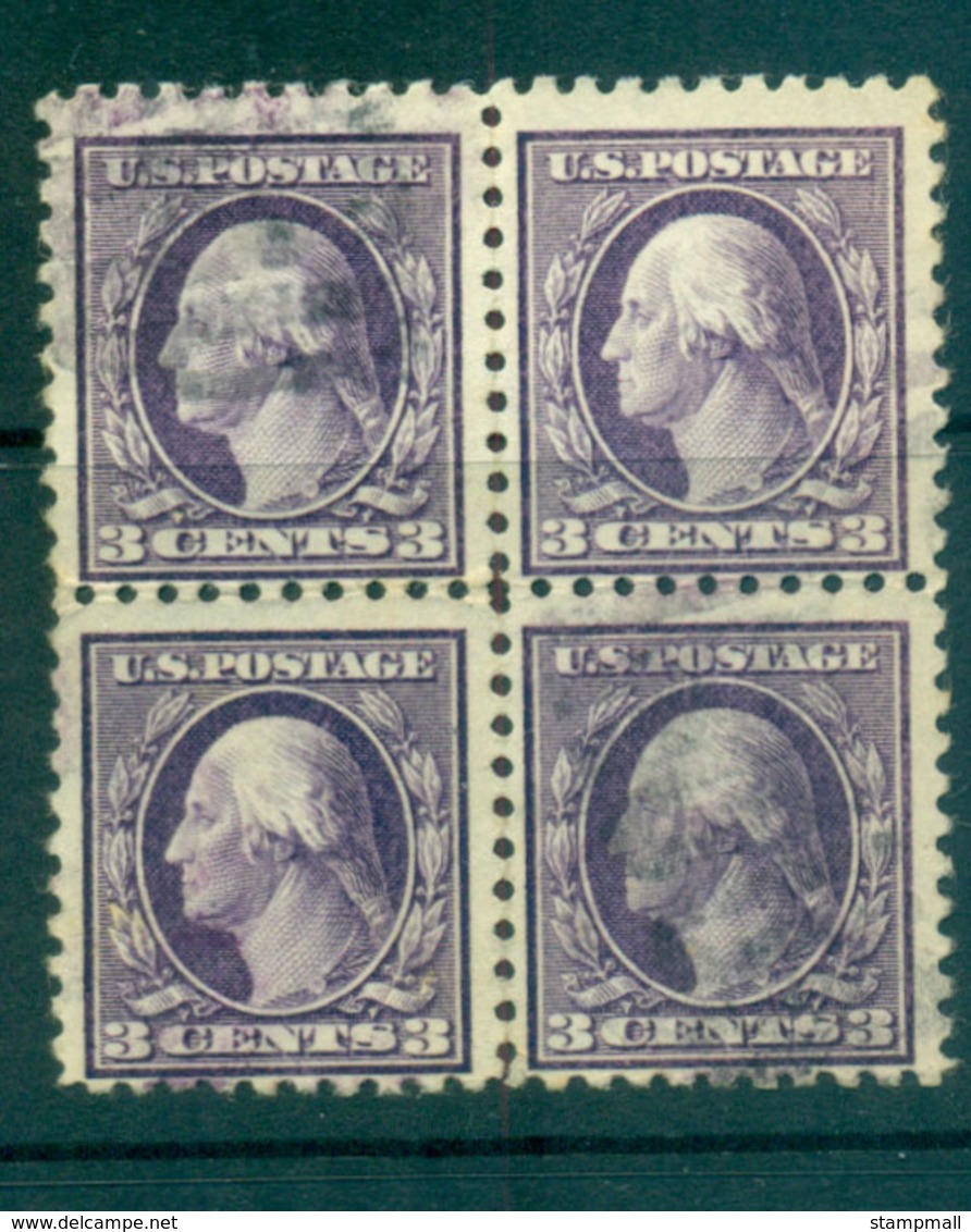 USA 1913-15 Sc#426 3c Deep Violet Washington TyI Perf 10 Wmk S/L Blk 4 FU Lot68820 - Autres & Non Classés
