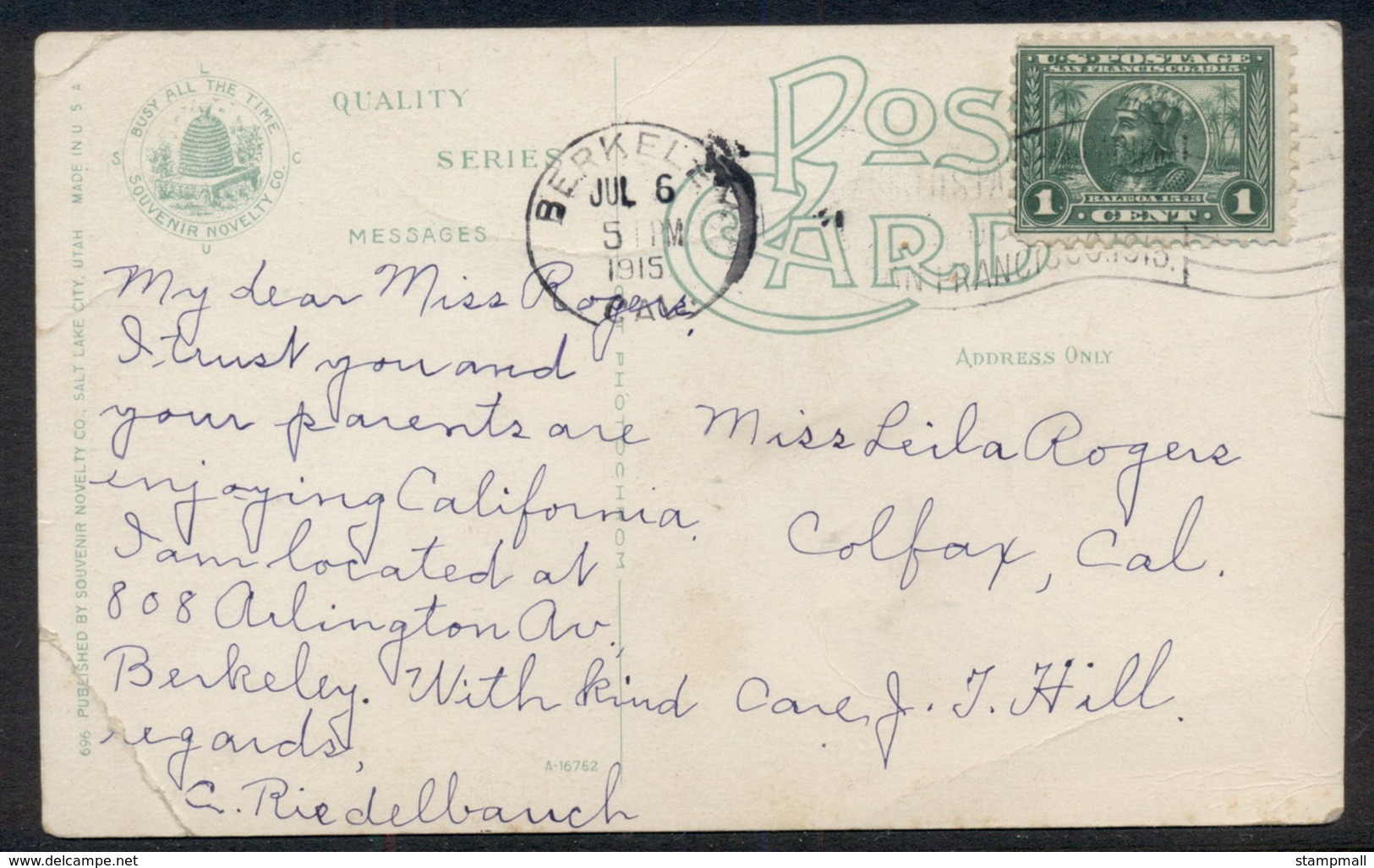 USA 1915 Panama Pacific 1c On Railroad, Steamboat Rocks PPC - Other & Unclassified