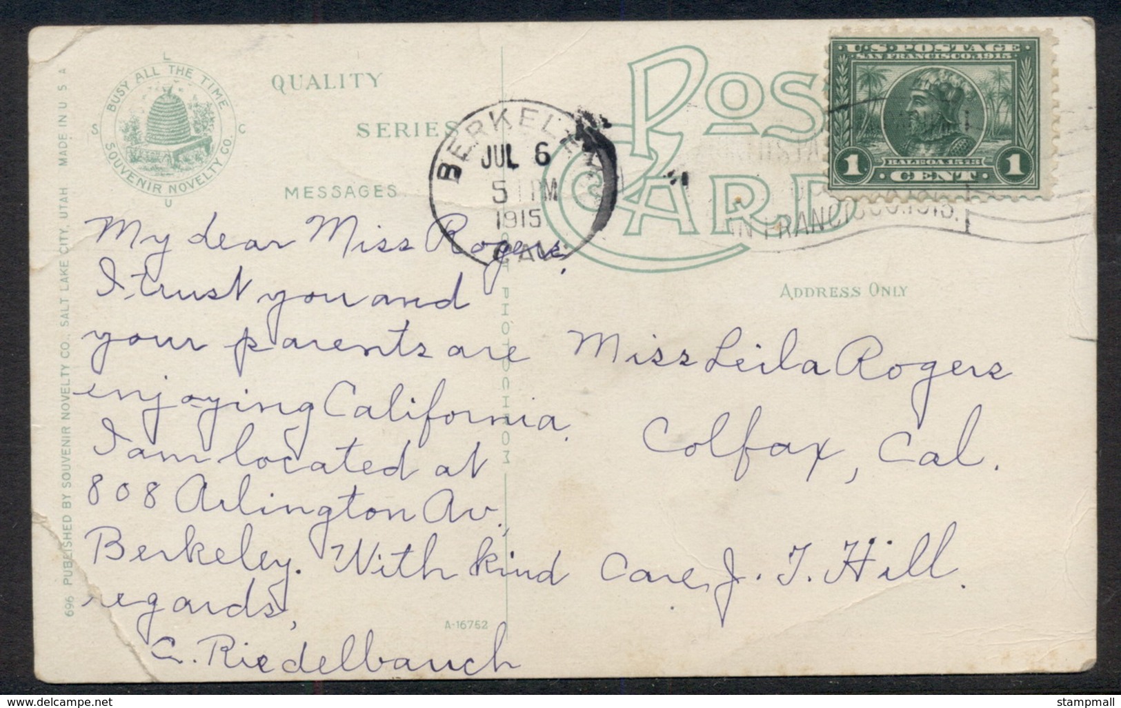 USA 1915 Panama Pacific 1c On Railroad, Steamboat Rocks PPC - Andere & Zonder Classificatie