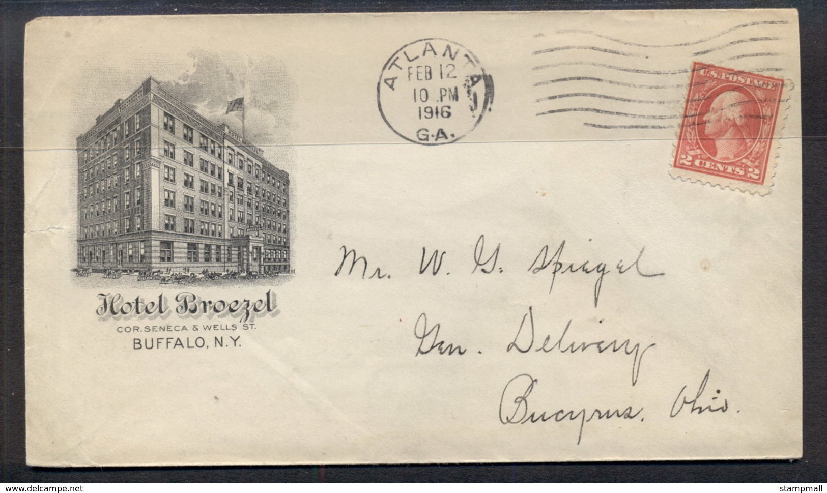 USA 1916 2c Washington Hotel Advertising Cover - Andere & Zonder Classificatie