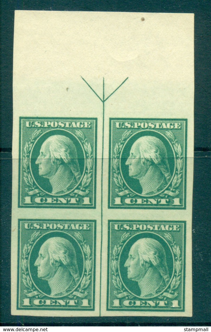 USA 1916-17 Sc#481 1c Green Washington IMPERF No Wmk Arrow Margin Blk 4 Top MUH Lot69348 - Autres & Non Classés