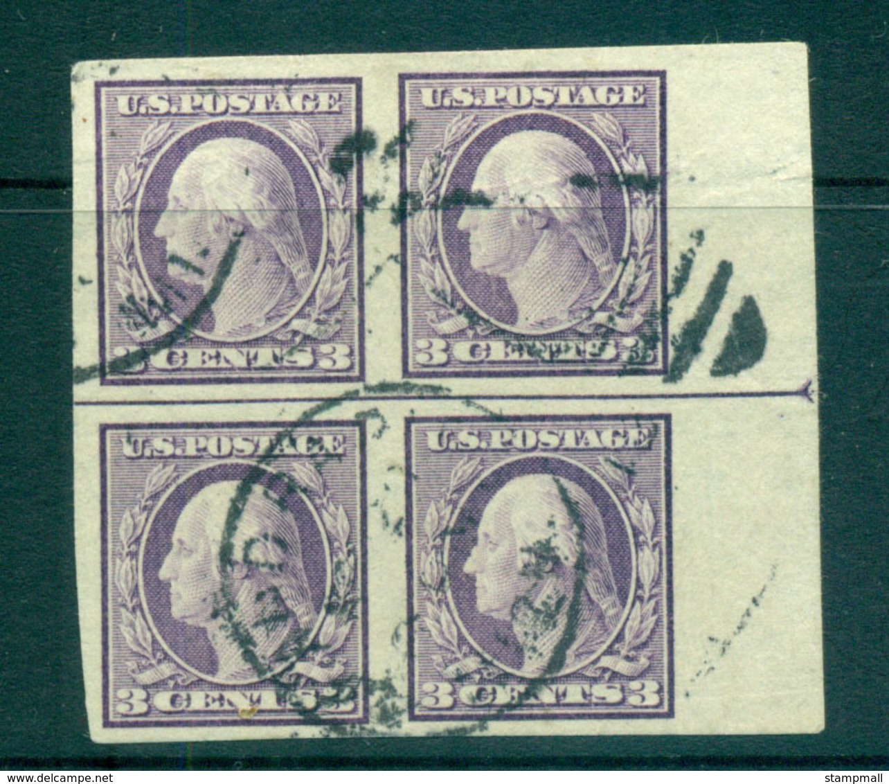 USA 1916-17 Sc#483 3c Violet Washington TyI IMPERF No Wmk Arrow RHS Blk 4 FU Lot69373 - Altri & Non Classificati