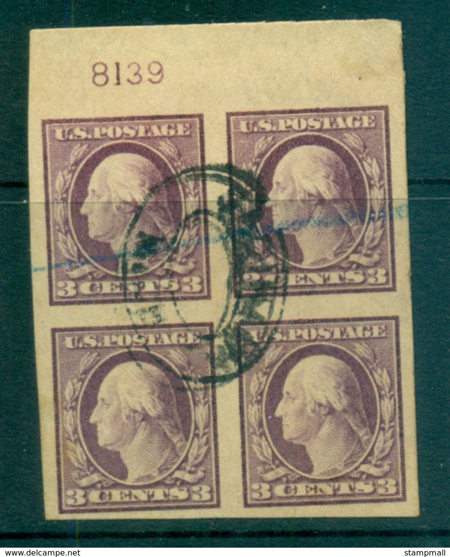 USA 1916-17 Sc#483 3c Violet Washington TyI IMPERF No Wmk P#8139 Blk 4 FU Lot69372 - Other & Unclassified