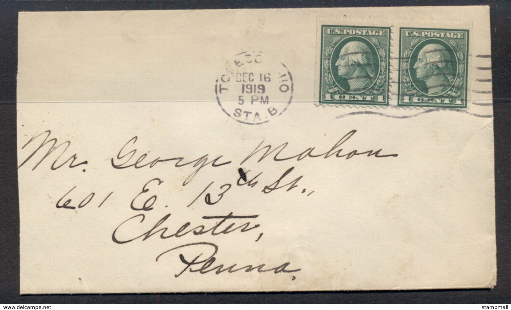 USA 1919 2x1c Washington Cover To Penn. - Other & Unclassified