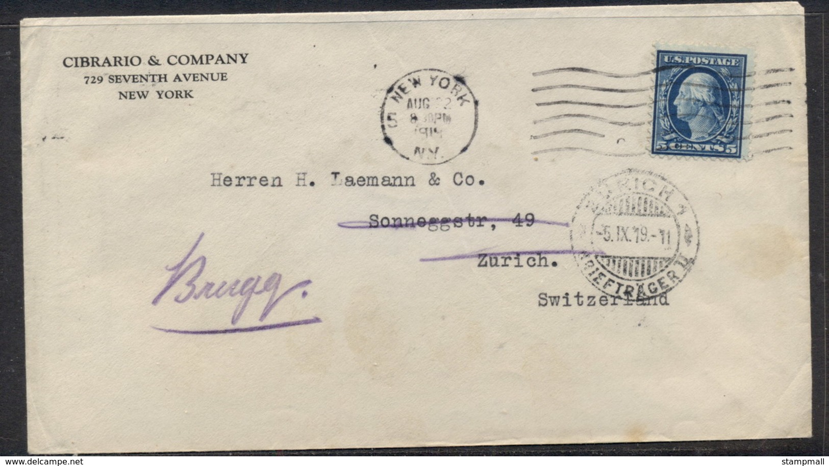 USA 1919 5c Washington CC Cover To Switzerland - Other & Unclassified