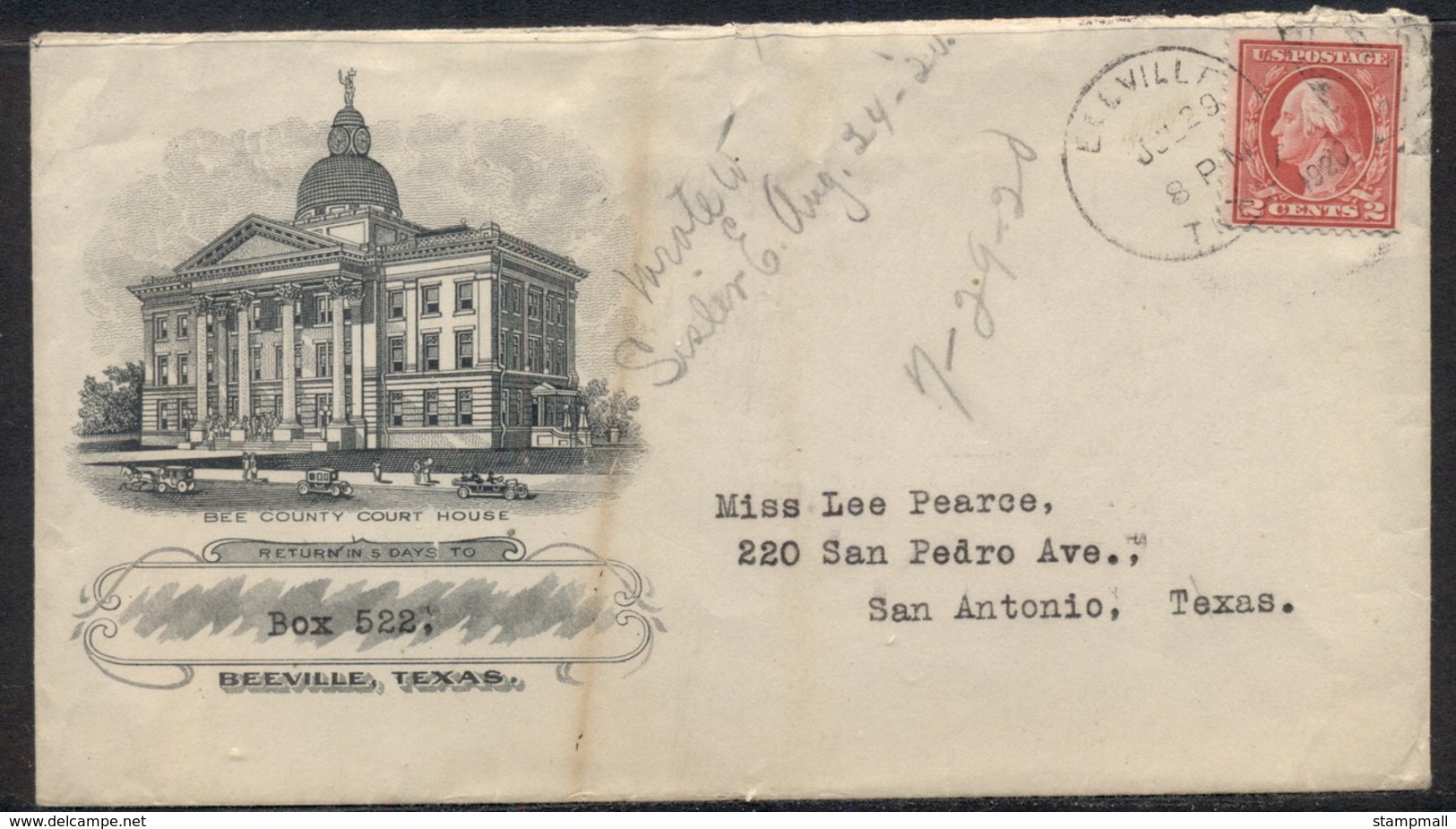 USA 1920 2c Washington Advertising Cover, Beeville Court House - Andere & Zonder Classificatie