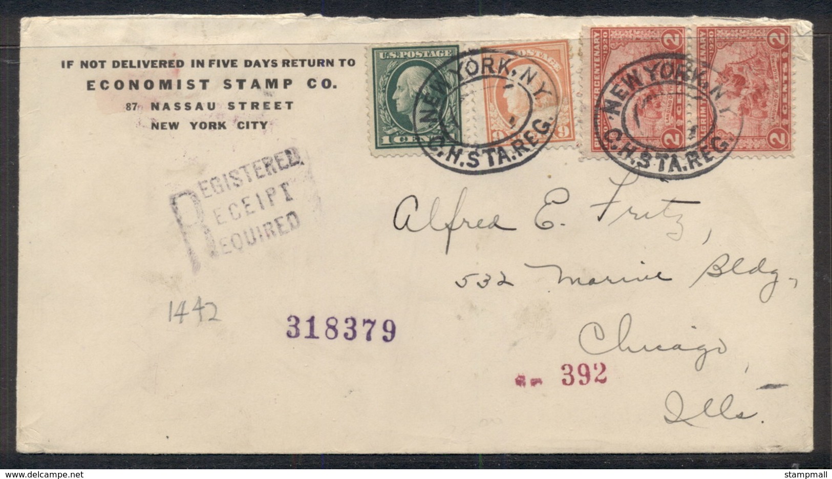 USA 1923 Pilgrim Tercentensry, Washington-Franklin, Stamp Dealer CC , Label On Back Cover To Chicago - Other & Unclassified