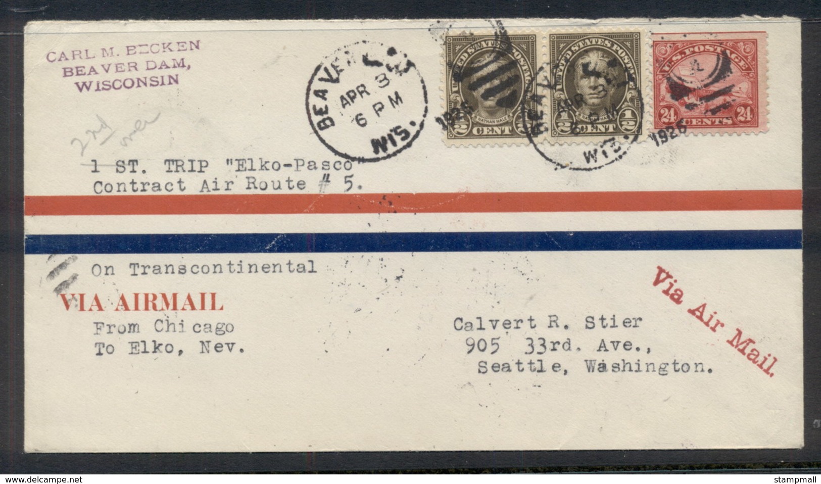 USA 1926 Contract Air Mail Flights Comprising 1926 [1] (Apr 3) Transcontinental Endorsed "Elko-Pasco/Contract Air Route - Autres & Non Classés