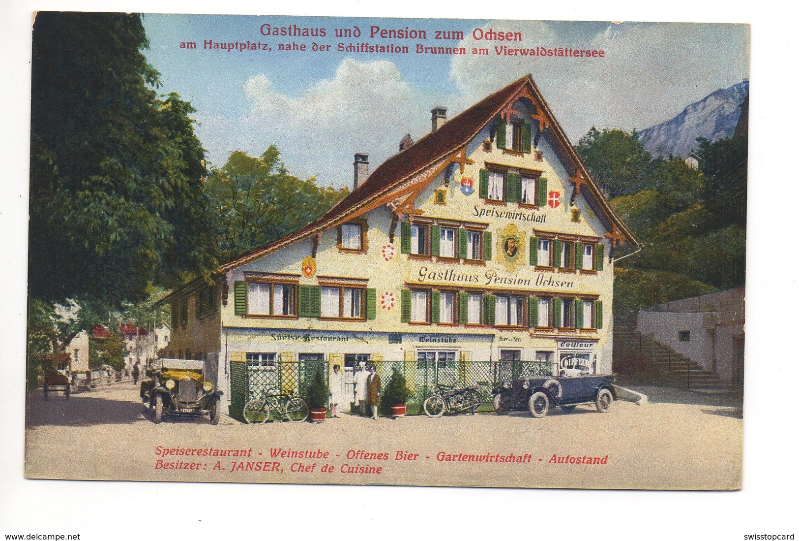 BRUNNEN Gasthaus Ochsen Postauto Oldtimer Auto Motorrad - Autres & Non Classés