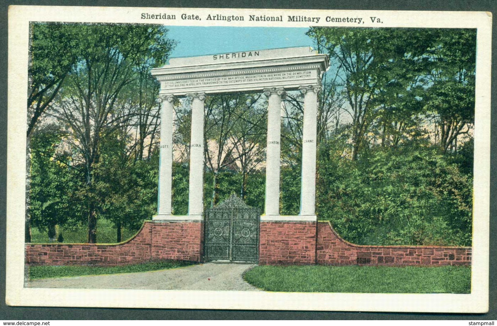 USA 1930c Sheridan Gate, Arlington National Military Cemetery,hand Colored, Unused - Otros & Sin Clasificación