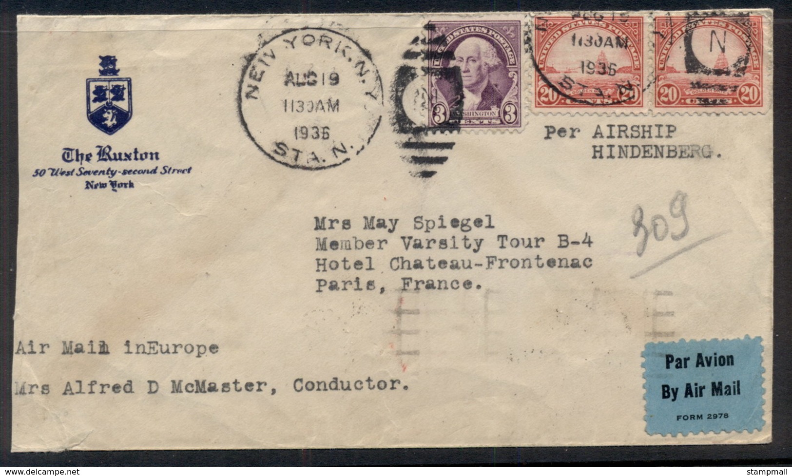 USA 1936 (Aug 19) Cover Addressed To France, Carried On Return Leg Of Hindenburg LZ129 Seventh North American Flight AAM - Altri & Non Classificati