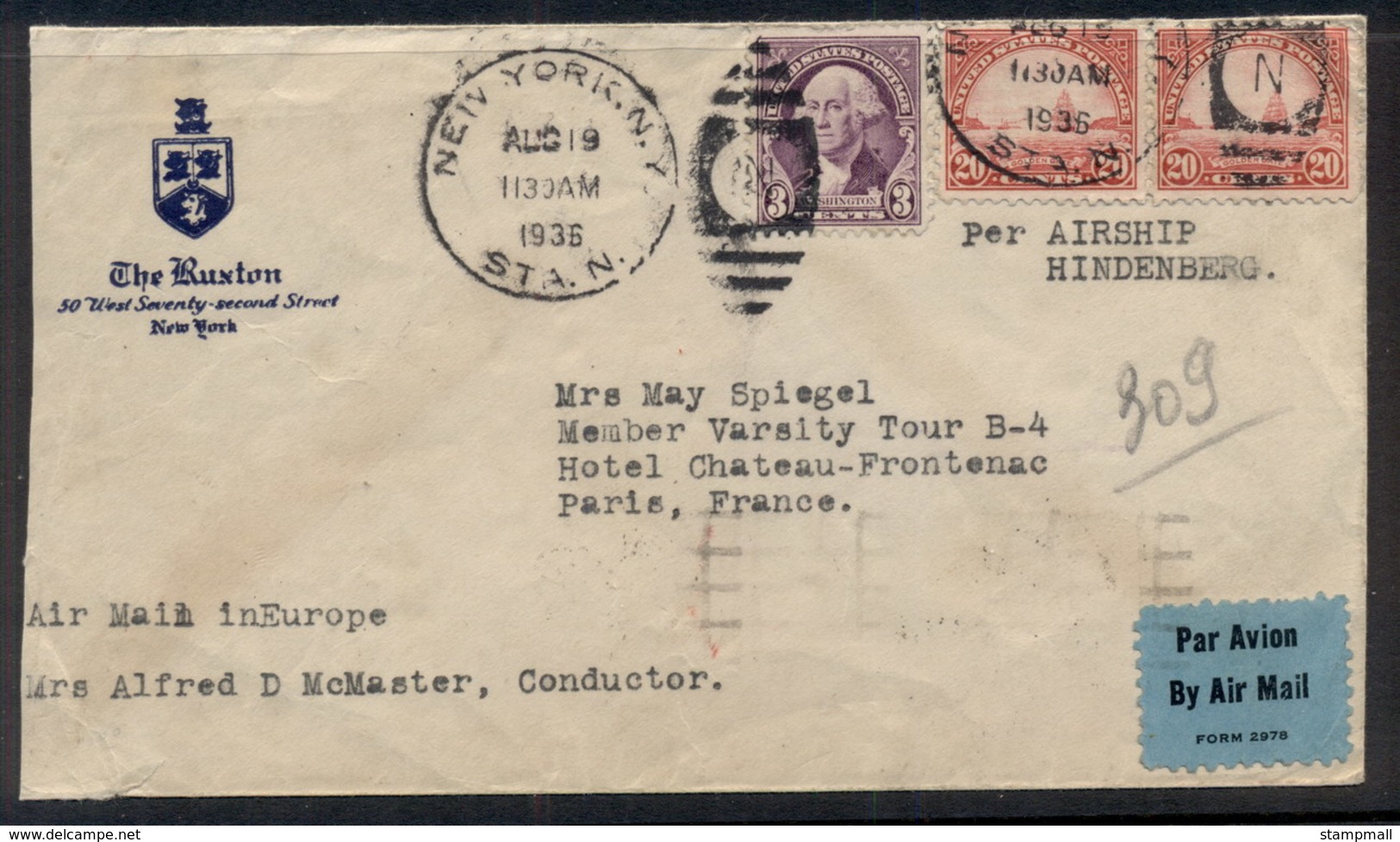USA 1936 (Aug 19) Cover Addressed To France, Carried On Return Leg Of Hindenburg LZ129 Seventh North American Flight AAM - Other & Unclassified