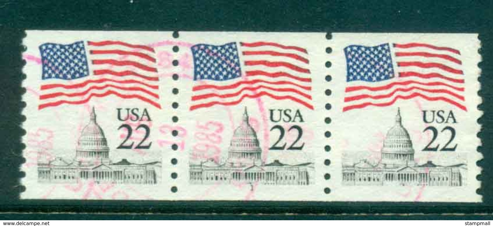 USA 1985 Sc#2115 22c Flag Over Capitol Dome Coil P#11 Str 3 FU Lot47372 - Roulettes (Numéros De Planches)
