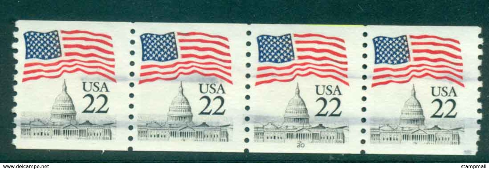 USA 1985 Sc#2115 22c Flag Over Capitol Dome Coil P#20 Str 4 FU Lot47373 - Roulettes (Numéros De Planches)