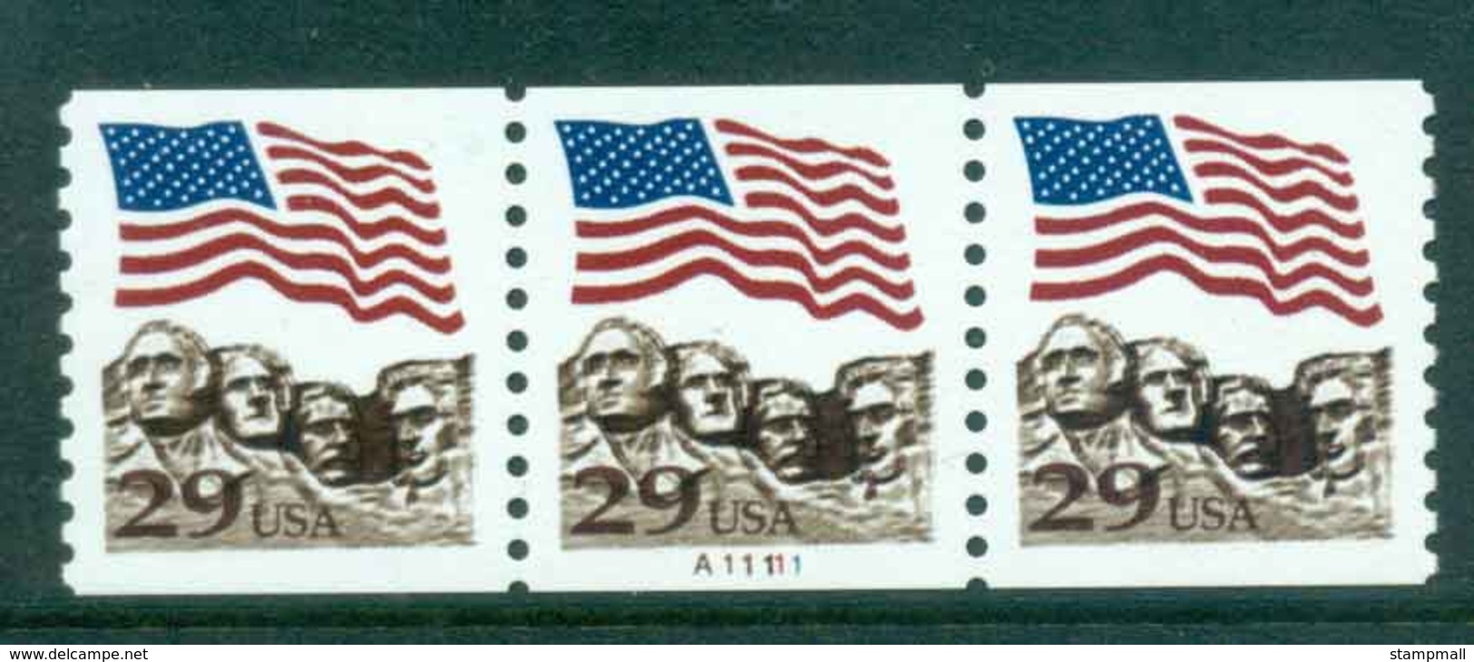 USA 1991 Sc#2523A 29c Flag Over Mt Rushmore Photogravure Coil P#A11111 Str 3 MUH Lot47516 - Rollenmarken (Plattennummern)