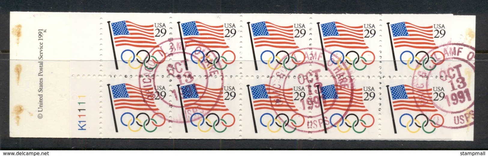 USA 1991 Sc#2528 Flag, Olympic Rings Booklet Pane FU - Andere & Zonder Classificatie