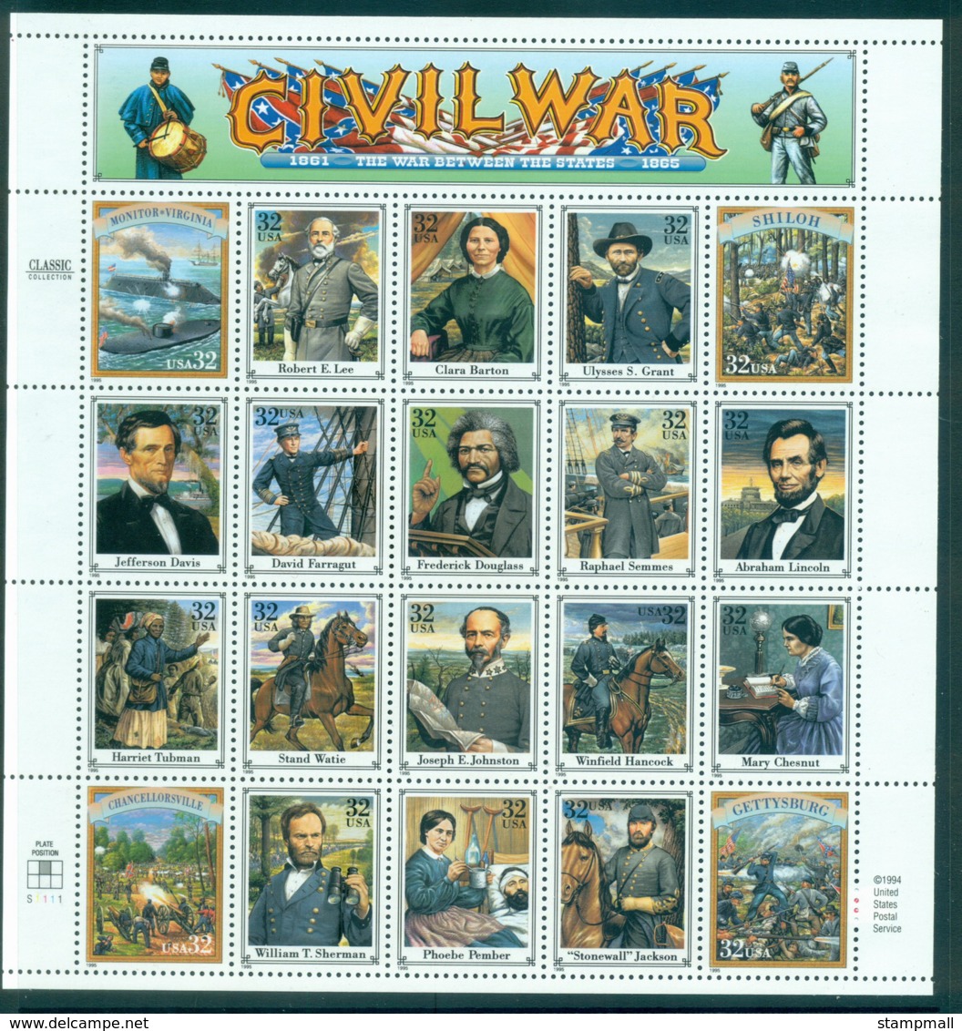 USA 1995 Sc#2975 Civil War Pane 20 MUH Lot33744 - Feuilles Complètes