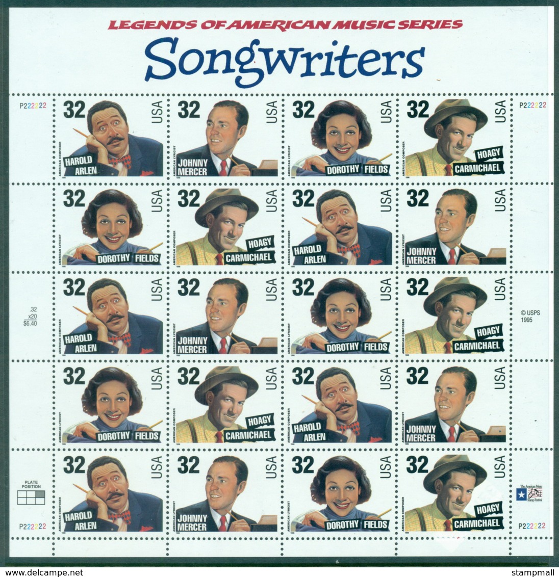 USA 1996 American Music Songwriters Pane 20 MUH Lot33751 - Feuilles Complètes