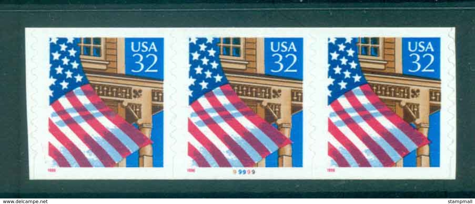 USA 1996 Sc#2915A 32c Flag Over Porch Coil Str 3 PN#99999 Die Cut 9.8 MUH Lot48281 - Rollen (Plaatnummers)