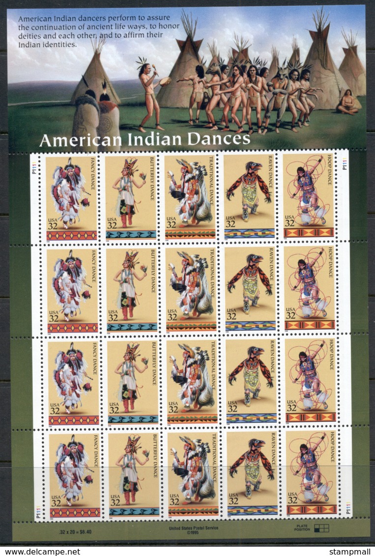 USA 1996 Sc#3072-76 American Indian Dancers Pane 20 MUH - Sheets