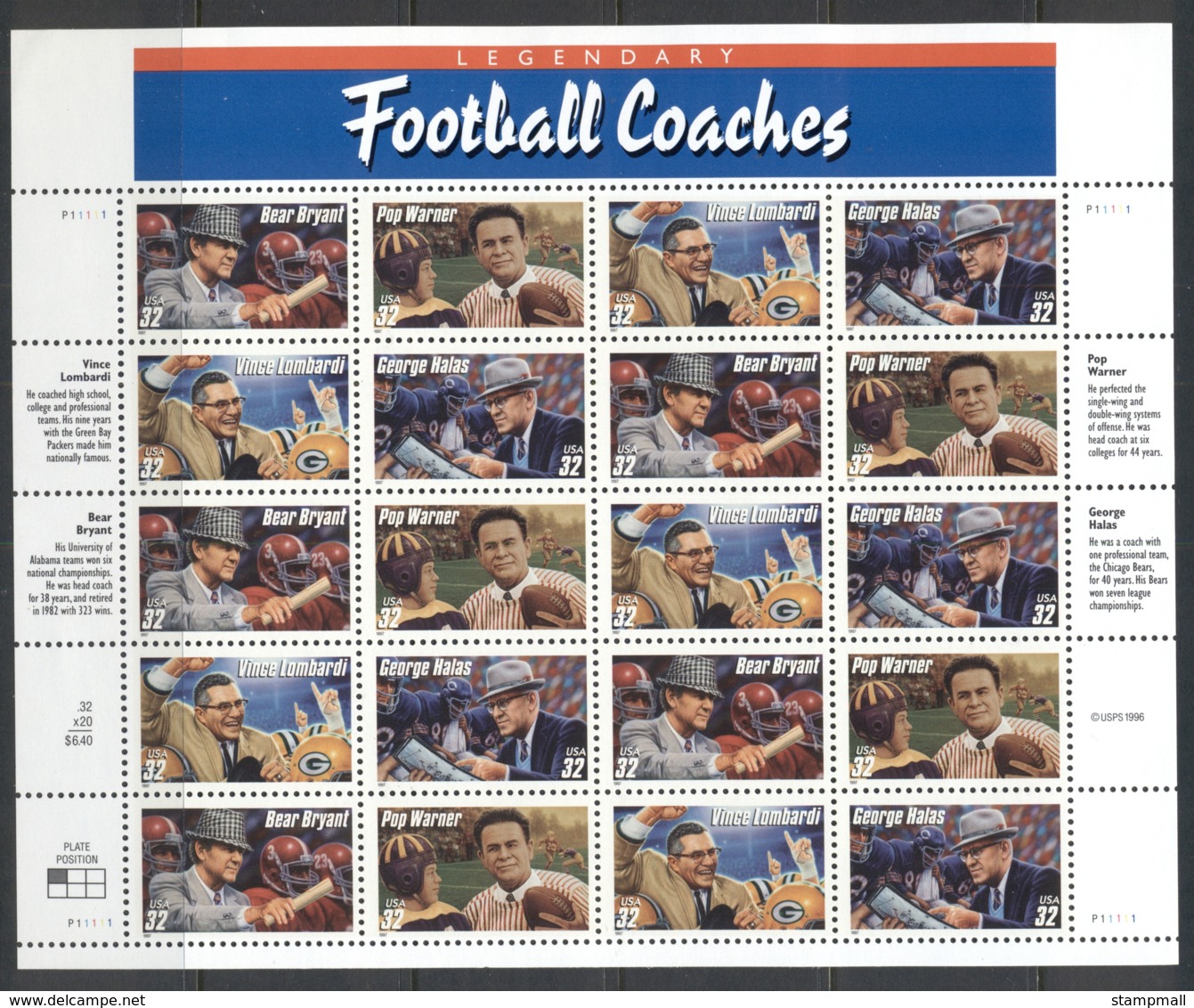 USA 1997 Sc#3143-46 Legendary Football Coaches Pane 20 MUH - Hojas Completas