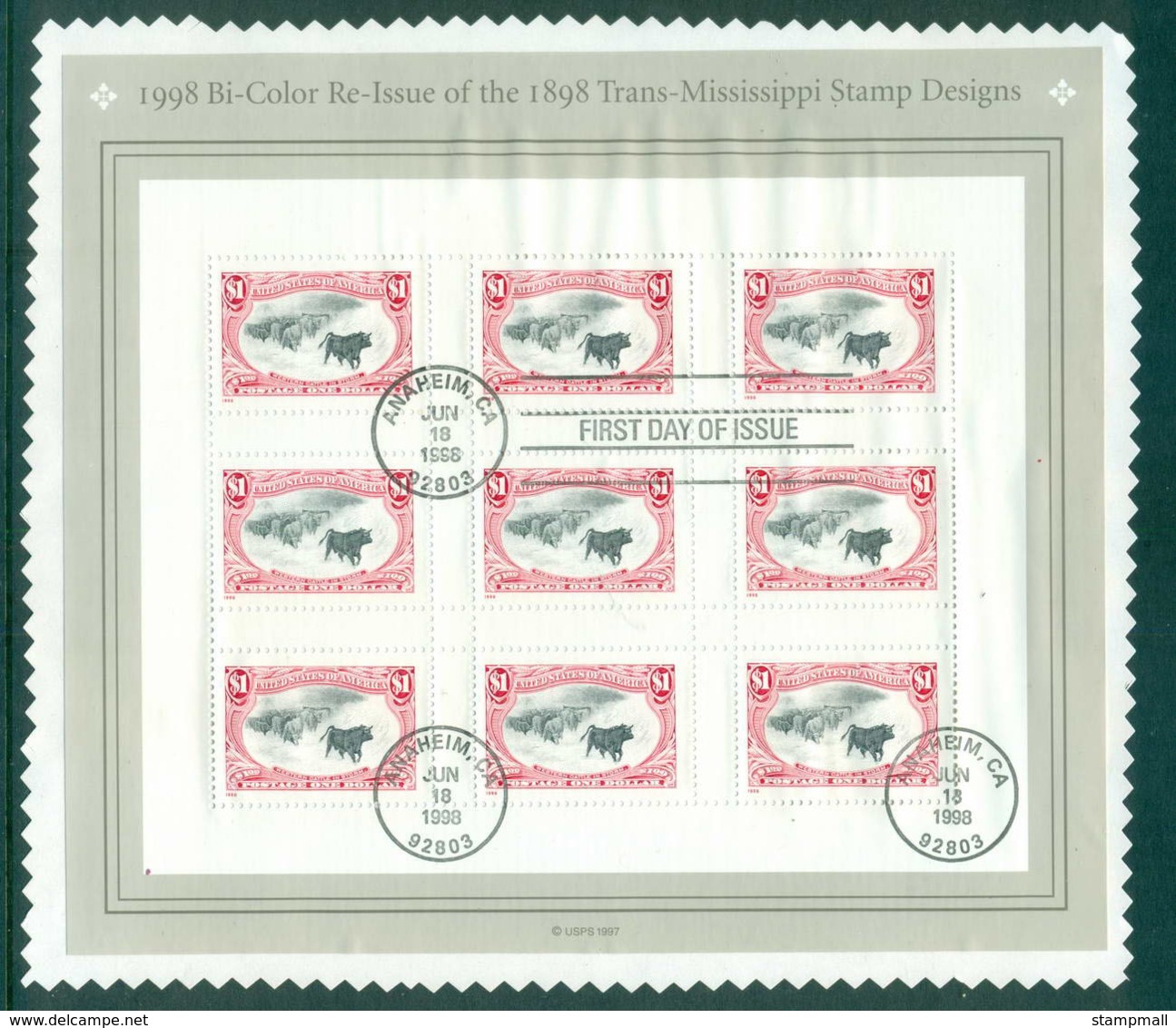 USA 1998 Sc#3210 Trans Misissippi Stamps Cent.$1 Pane 9 FU Lot55814 - Hojas Completas