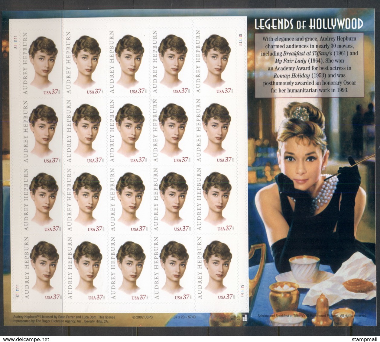 USA 2003 Sc#3786 Legends Of Hollywood, Audrey Hepburn Pane 20 MUH - Altri & Non Classificati