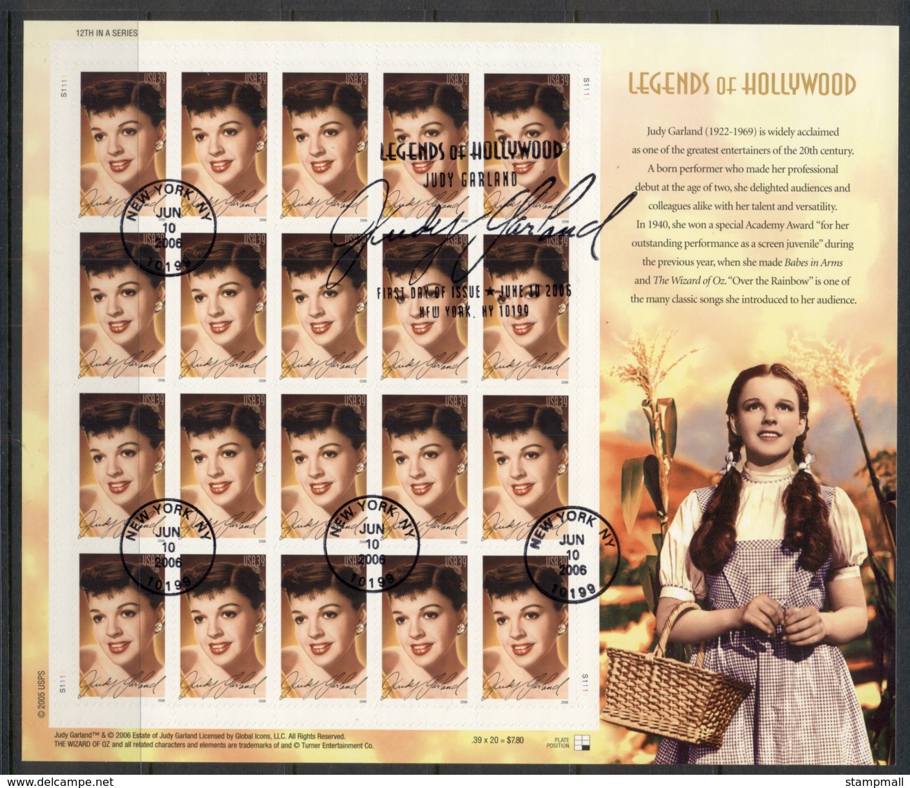 USA 2006 Sc#4077 Legends Of Hollywood Judy Garland Pane 20 FU - Autres & Non Classés