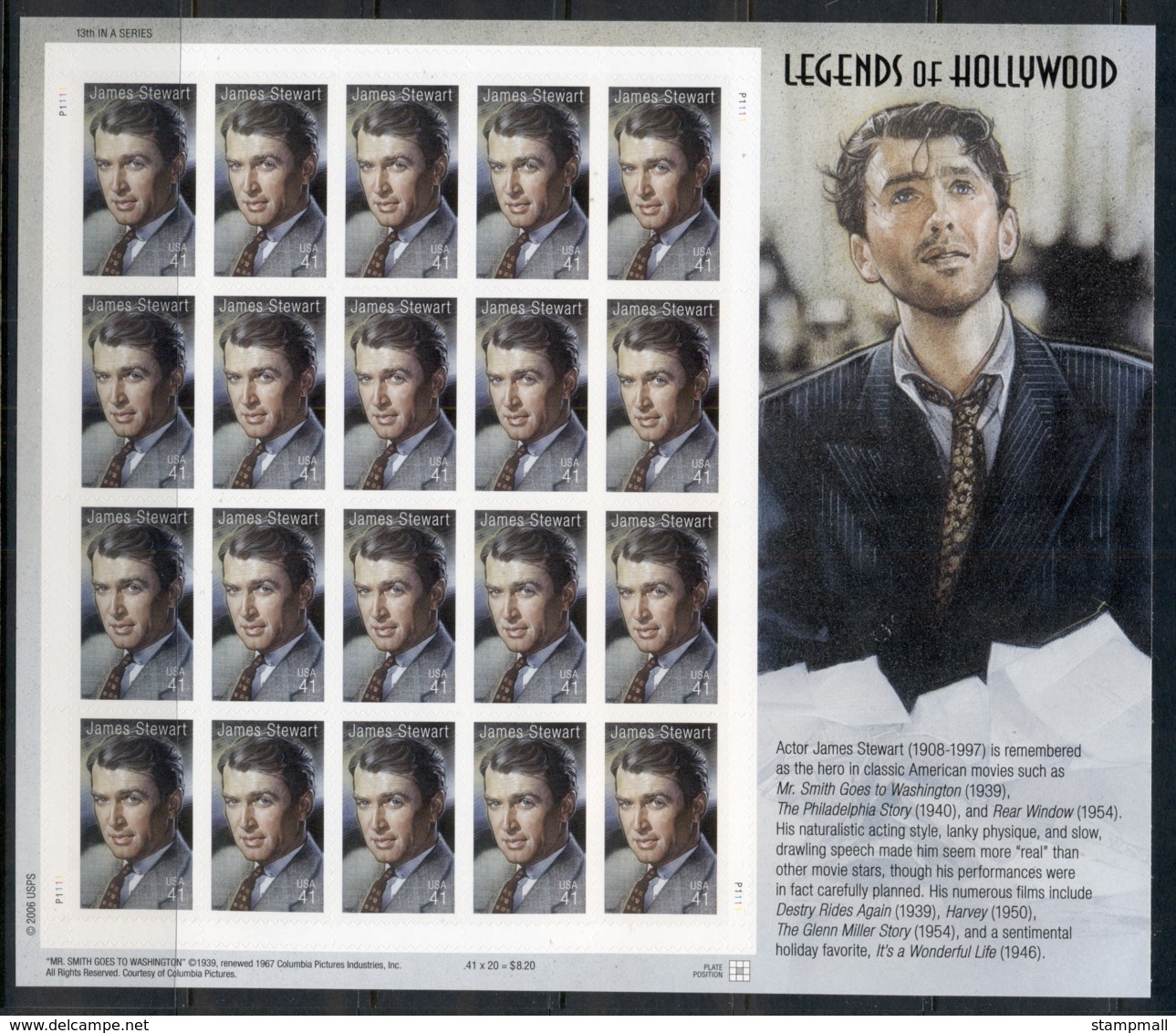 USA 2007 Sc#4192 Legends Of Hollywood James Stewart Pane 20 MUH - Other & Unclassified