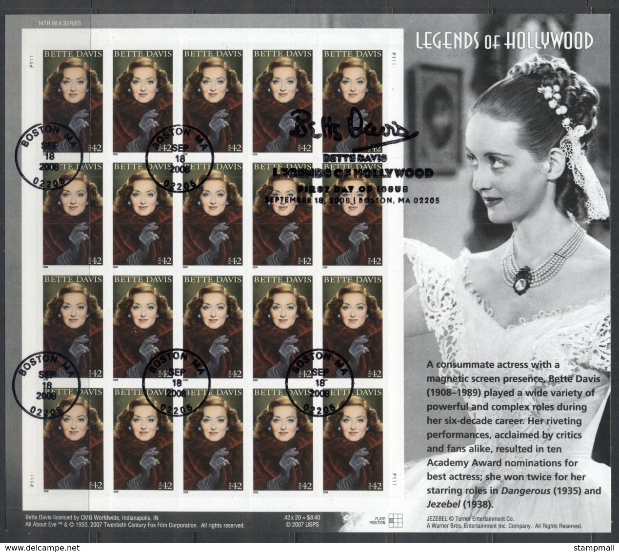 USA 2008 Sc#4350 Legends Of Hollywood Bette Davis Pane 20 FU - Other & Unclassified